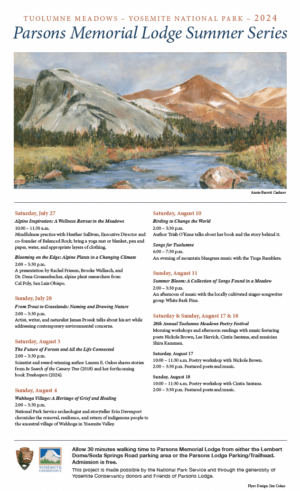 Parsons Memorial Lodge Summer Series 2024 poster with an artwork of the Tuolumne River and Lembert Dome at the top with the series of events listed at the bottom - same as the list on this webpage.